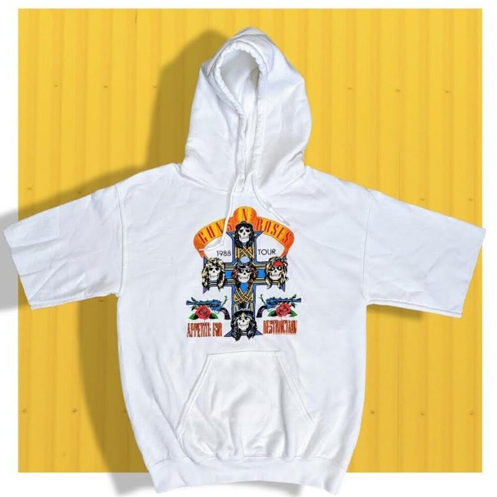 NEW - Guns N Roses Short Sleeve Hooded Sweatshirt Hoodie 1988 Tour Appetite for